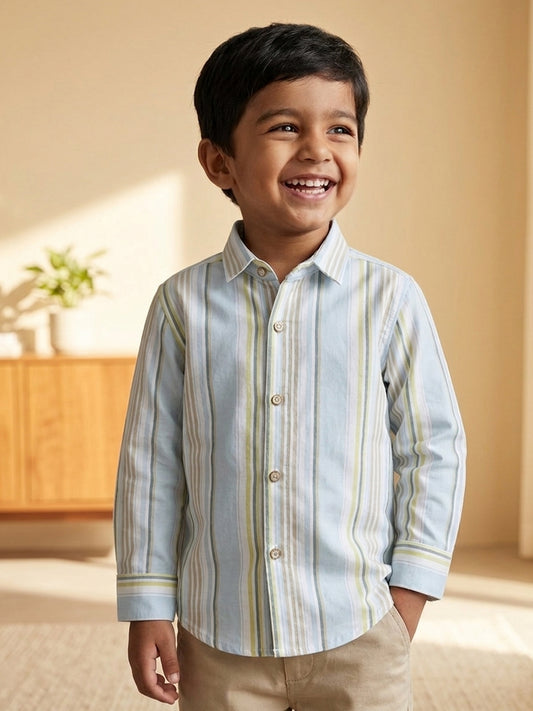 Polka Tots Full Sleeves Lining print Cotton Shirt - Blue