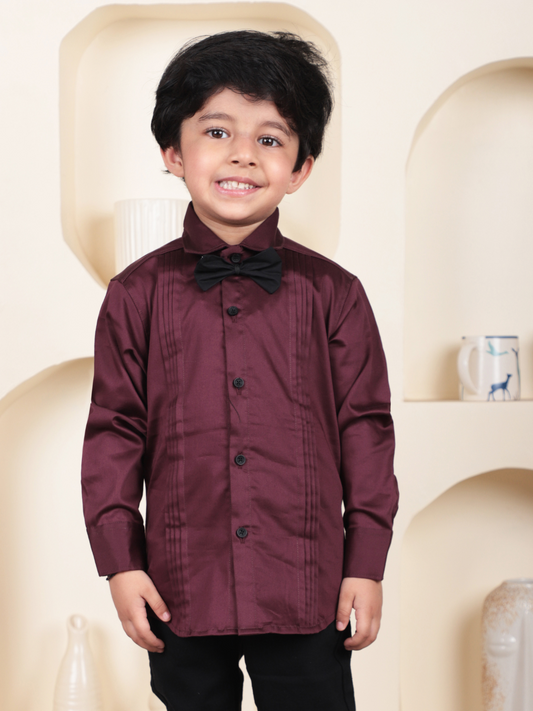 Polka Tots Full Sleeves Cotton Satin Shirt with Bow Tie - Maroon