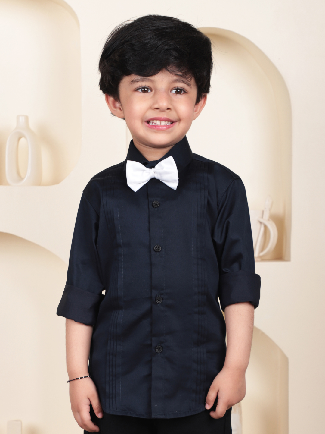 Polka Tots Full Sleeves Cotton Satin Shirt with Bow Tie - Black
