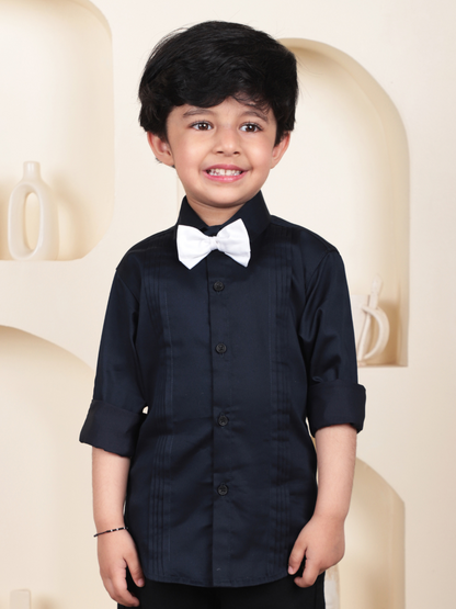 Polka Tots Full Sleeves Cotton Satin Shirt with Bow Tie - Black
