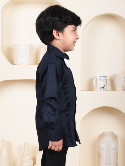 Polka Tots Full Sleeves Cotton Satin Shirt with Bow Tie - Black