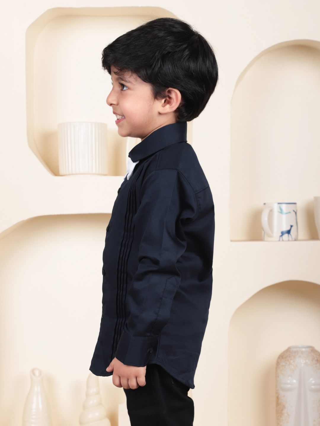 Polka Tots Full Sleeves Cotton Satin Shirt with Bow Tie - Black