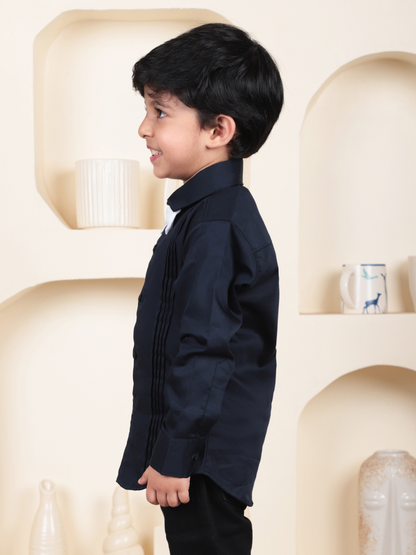 Polka Tots Full Sleeves Cotton Satin Shirt with Bow Tie - Black