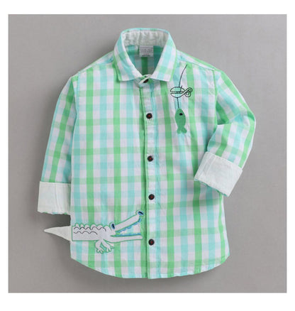 Polka Tots Full Sleeves Crocodile and Fish print Checked Shirt - Green