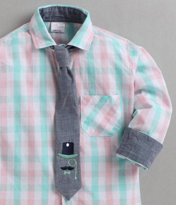 Polka Tots Full Sleeves Checks Shirt With Tie - Pink and Grey