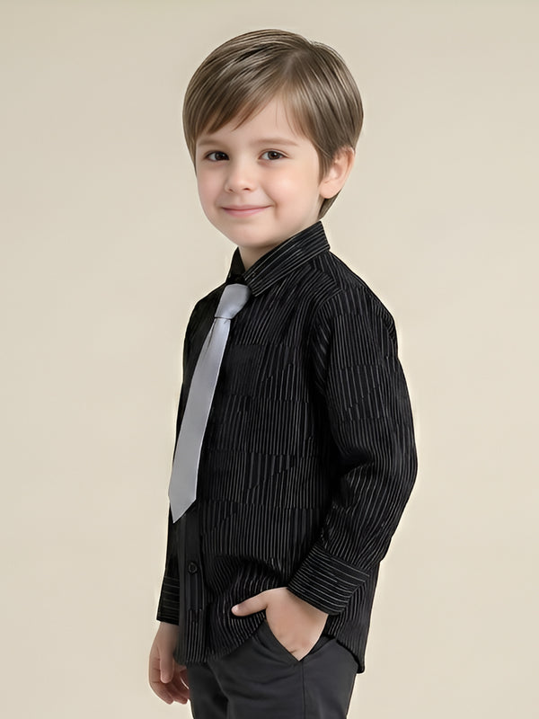 Polka Tots Full Sleeves Geometric print Shirt with Tie - Black