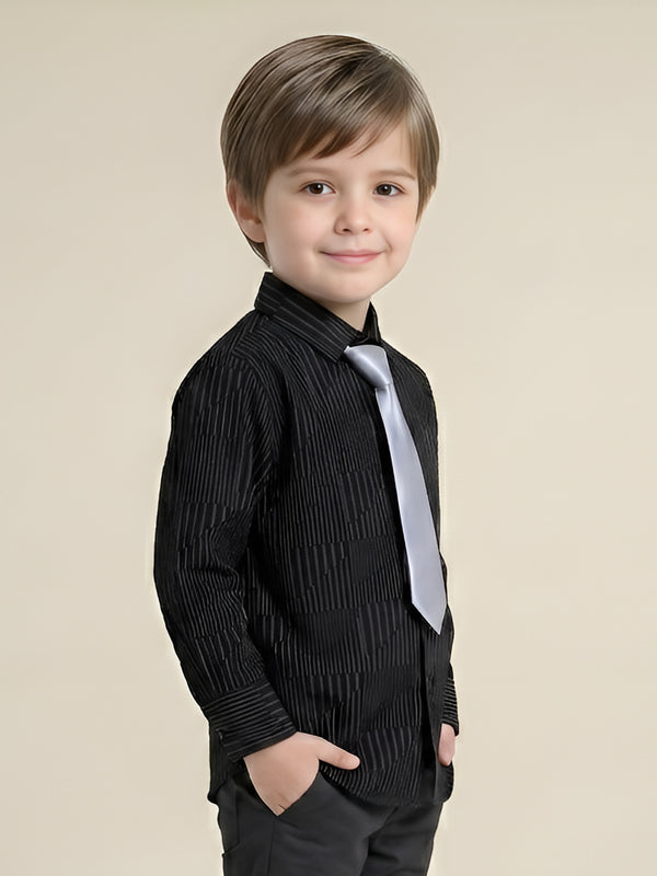 Polka Tots Full Sleeves Geometric print Shirt with Tie - Black