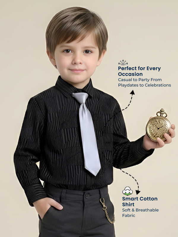 Polka Tots Full Sleeves Geometric print Shirt with Tie - Black
