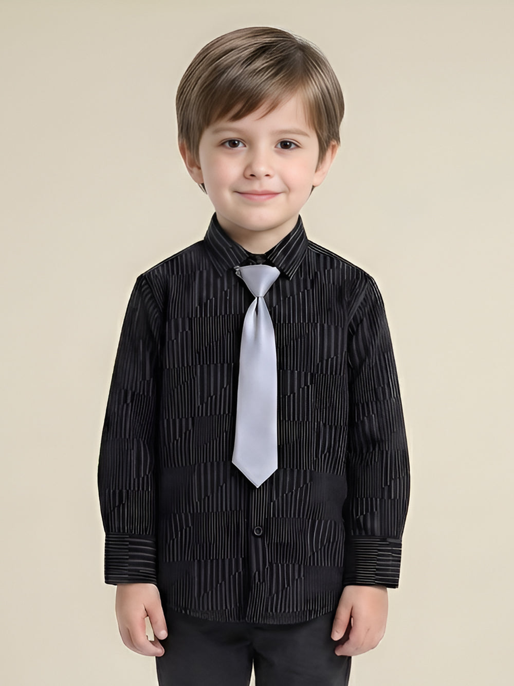 Polka Tots Full Sleeves Geometric print Shirt with Tie - Black