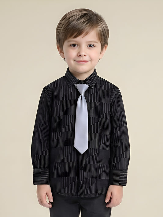 Polka Tots Full Sleeves Geometric print Shirt with Tie - Black