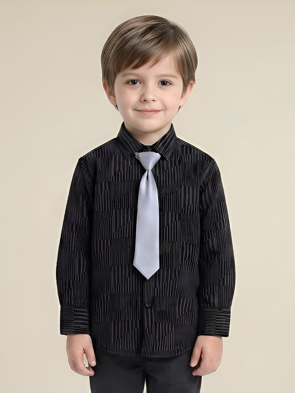 Polka Tots Full Sleeves Geometric print Shirt with Tie - Black