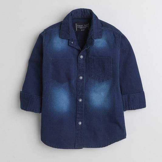 Polka Tots Cotton Full Sleeves Wash Effect Denim Shirt - Blue