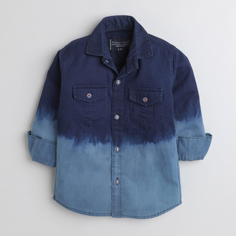 Polka Tots Cotton Full Sleeves 2 Flap Pocket Half Wash Effect Kids Shirt - Blue