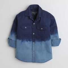 Polka Tots Cotton Full Sleeves 2 Flap Pocket Half Wash Effect Kids Shirt - Blue