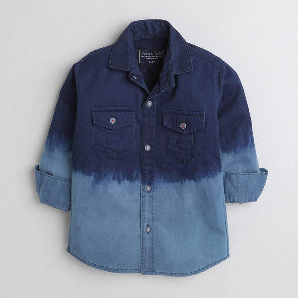 Polka Tots Cotton Full Sleeves 2 Flap Pocket Half Wash Effect Kids Shirt - Blue