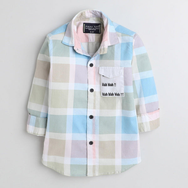 Polka Tots Cotton Full Sleeves Big Check Kids Shirt With Blah Blah Pocket Print - Cream and Green