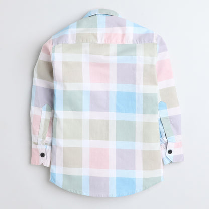 Polka Tots Cotton Full Sleeves Big Check Shirt With Blah Blah Pocket Print - Cream and Green