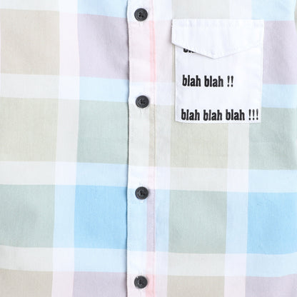Polka Tots Cotton Full Sleeves Big Check Shirt With Blah Blah Pocket Print - Cream and Green
