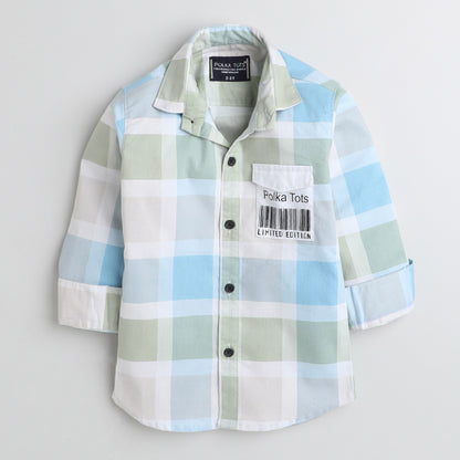 Polka Tots Cotton Full Sleeves Big Check Shirt With Polka Tots Pocket Print - Cream and Green