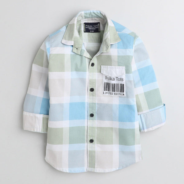 Polka Tots Cotton Full Sleeves Big Check Kids Shirt With Polka Tots Pocket Print - Cream and Green