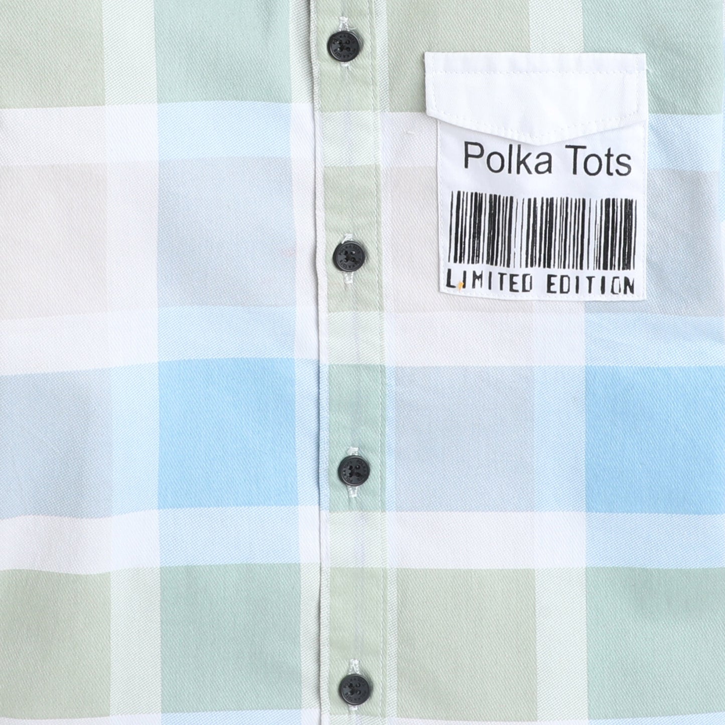 Polka Tots Cotton Full Sleeves Big Check Shirt With Polka Tots Pocket Print - Cream and Green