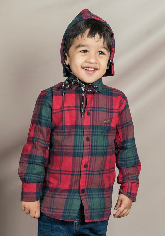 Polka Tots Full Sleeves Checks Printed Hooded Shirt - Red