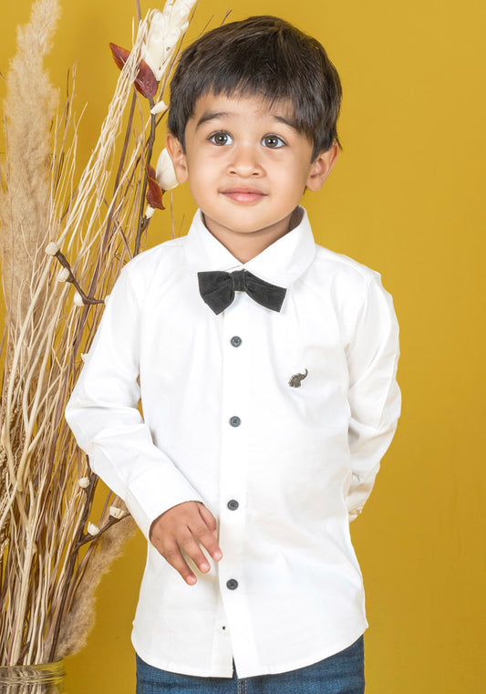 Polka Tots Full Sleeves Solid Shirt With Bow Tie - White