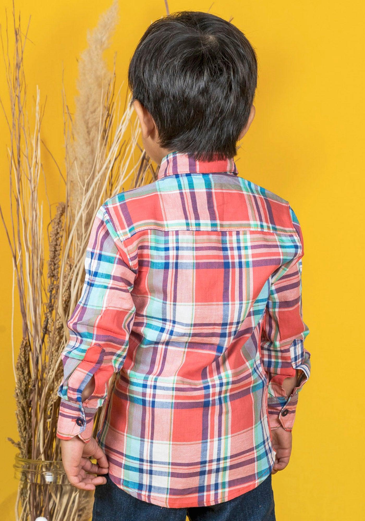 Polka Tots Full Sleeve Checks Shirt - Coral