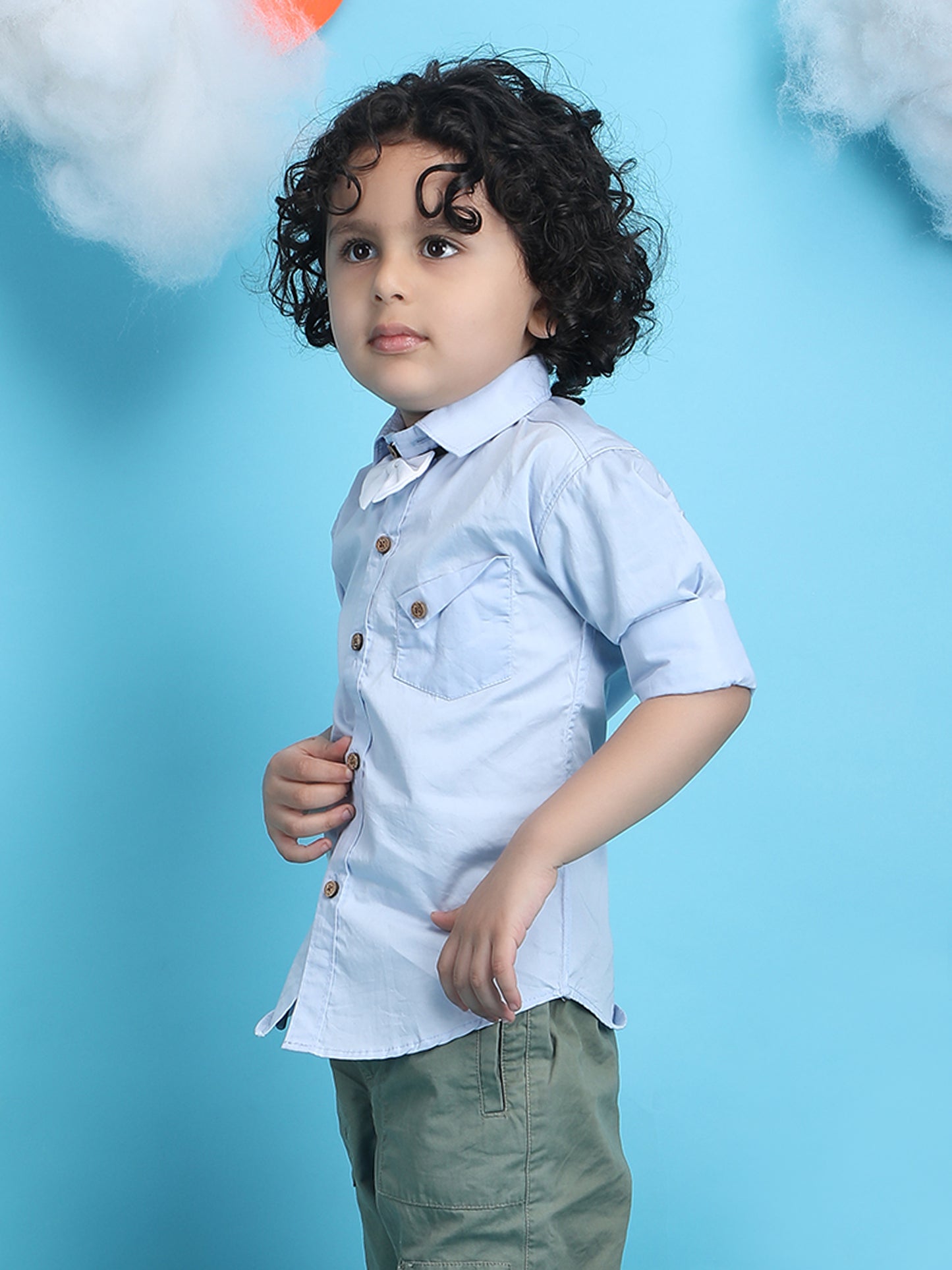 Polka Tots Full sleeve shirt with white bow - Blue