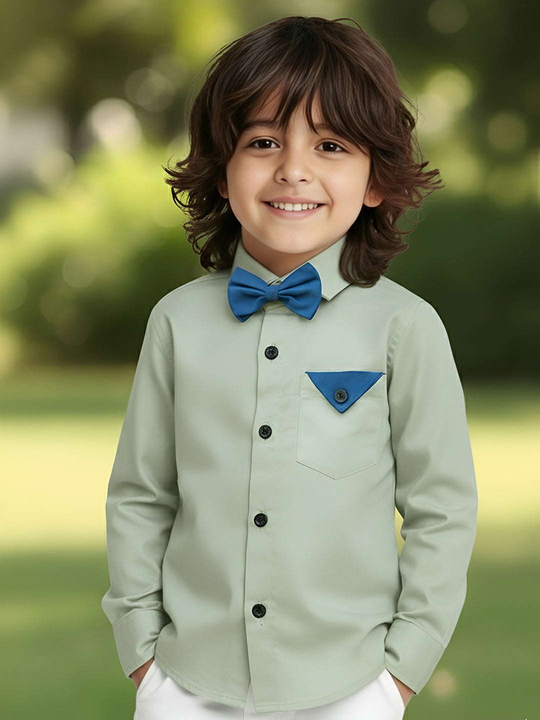 Polka Tots Full sleeves shirt with Bow Tie - Beige