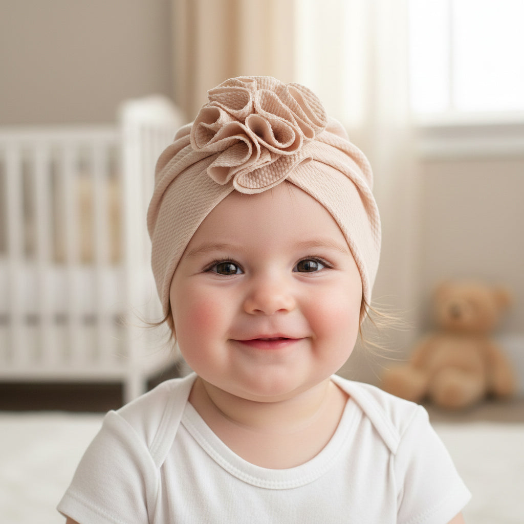 Polka Tots Baby Girls Cotton Knit Solid Flower Headband Cap - Beige