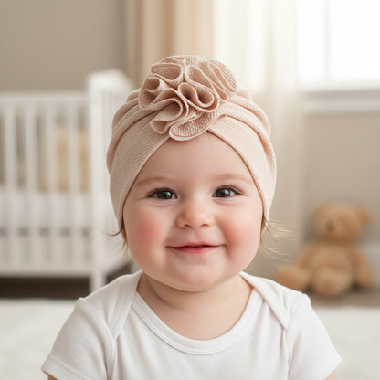 Polka Tots Baby Girls Cotton Knit Solid Flower Headband Cap - Beige