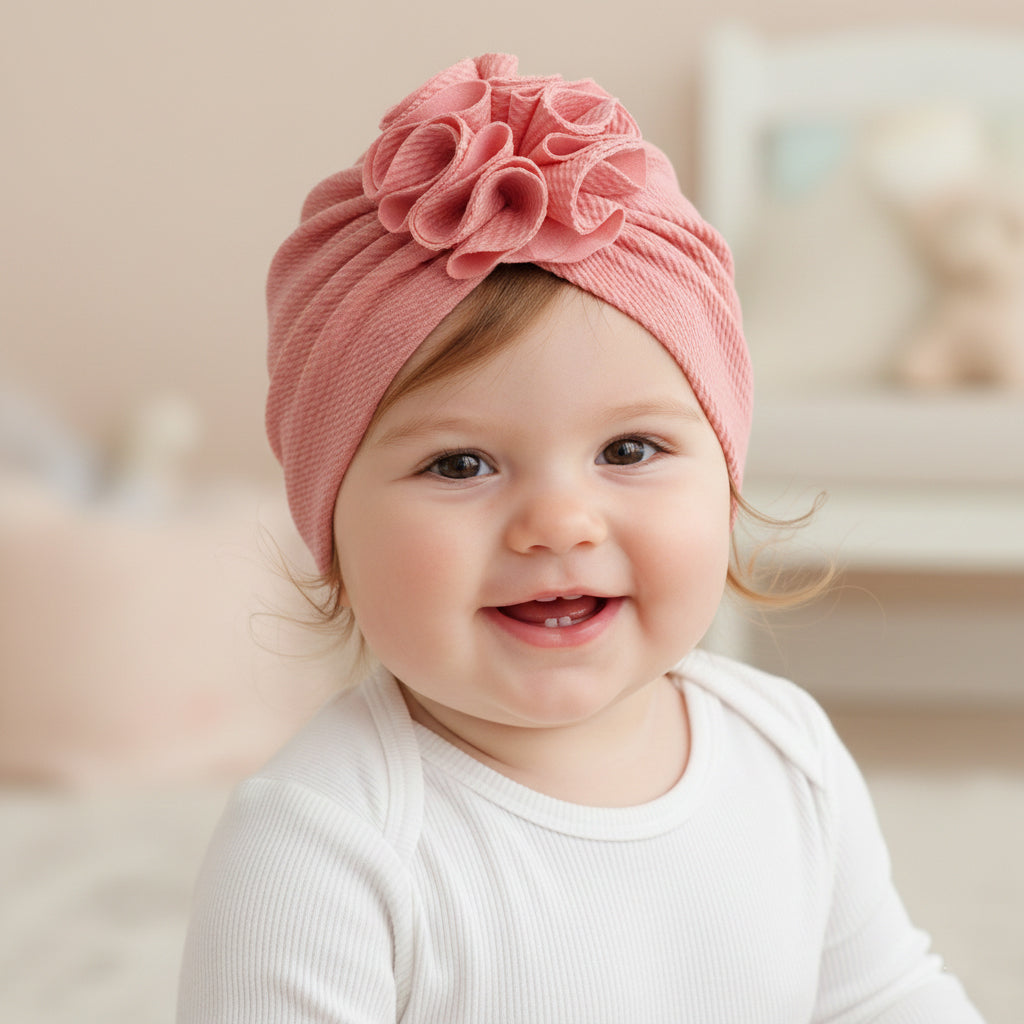 Polka Tots Baby Girls Cotton Knit Solid Flower Headband Cap - Pink