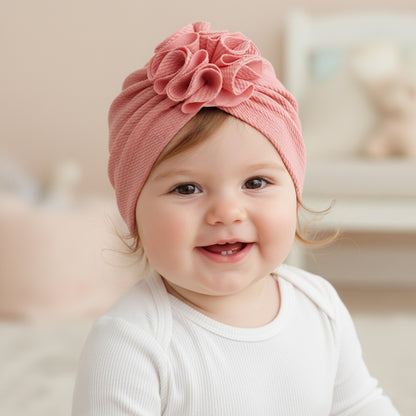 Polka Tots Baby Girls Cotton Knit Solid Flower Headband Cap - Pink