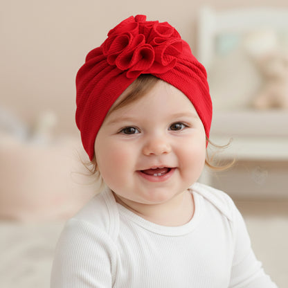 Polka Tots Baby Girls Cotton Knit Solid Flower Headband Cap - Red