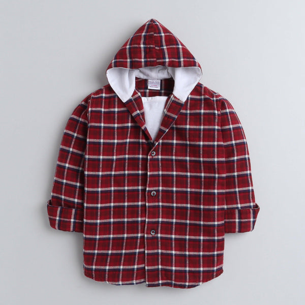 Polka Tots Full Sleeves Checked Hooded Kids TShirt Shirt - Red