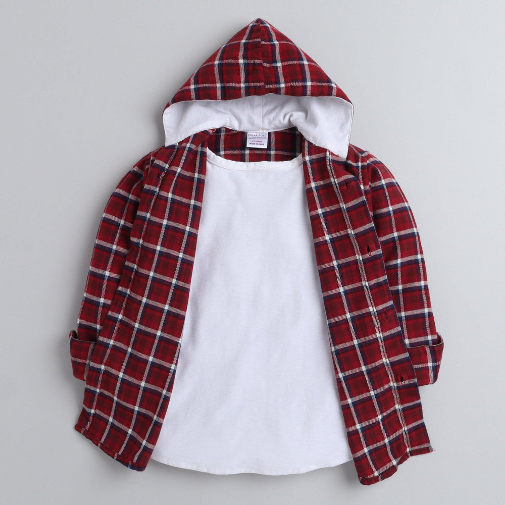 Polka Tots Full Sleeves Checked Hooded Kids TShirt Shirt - Red
