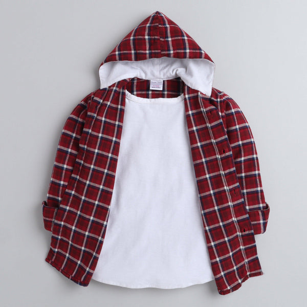 Polka Tots Full Sleeves Checked Hooded Kids TShirt Shirt - Red