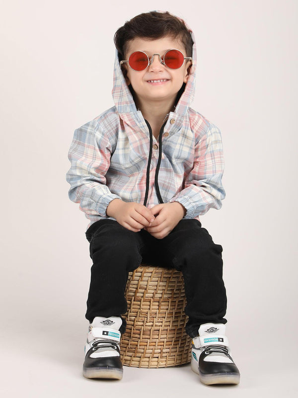 Polka Tots Full Sleeves Checks Printed Hooded Kids Shirt - Blue