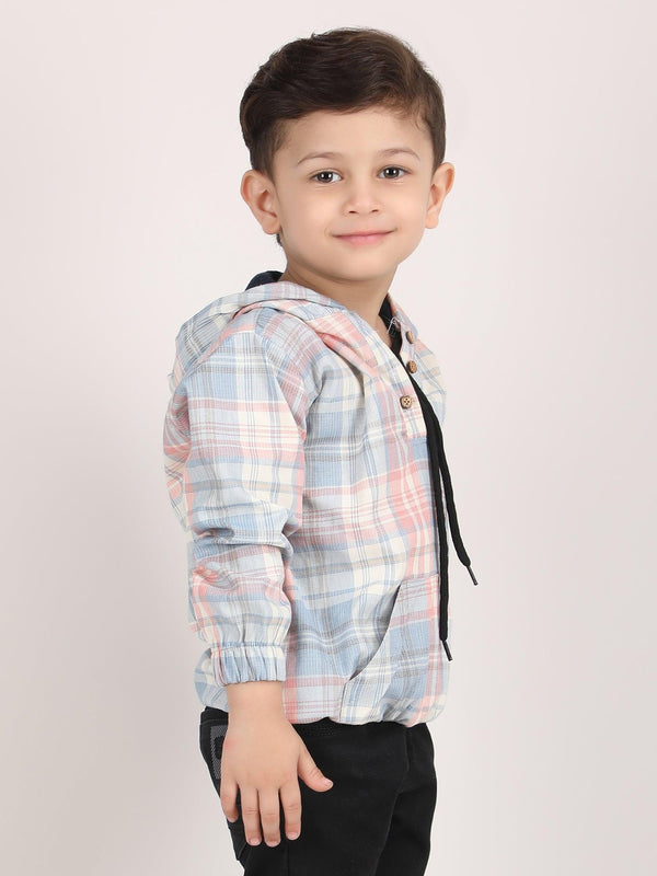 Polka Tots Full Sleeves Checks Printed Hooded Kids Shirt - Blue