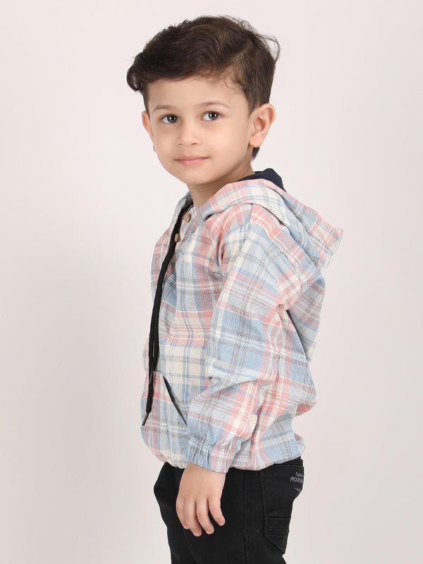 Polka Tots Full Sleeves Checks Printed Hooded Kids Shirt - Blue