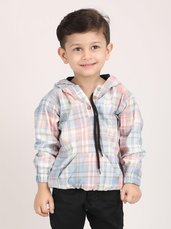 Polka Tots Full Sleeves Checks Printed Hooded Kids Shirt - Blue