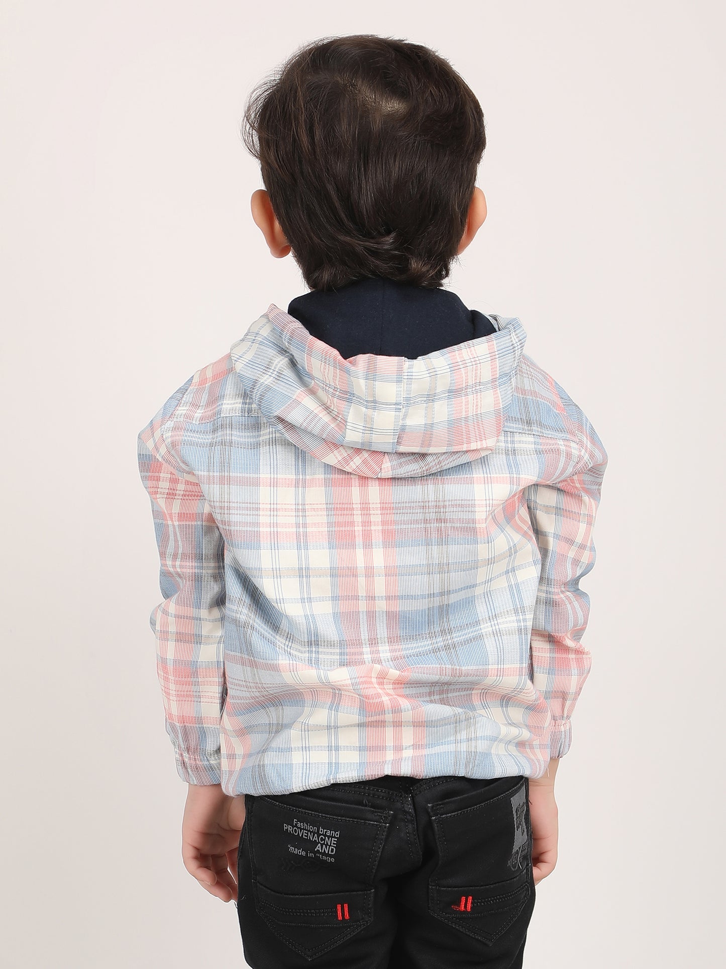 Polka Tots Full Sleeves Checks Printed Hooded Shirt - Blue