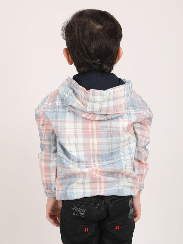 Polka Tots Full Sleeves Checks Printed Hooded Kids Shirt - Blue