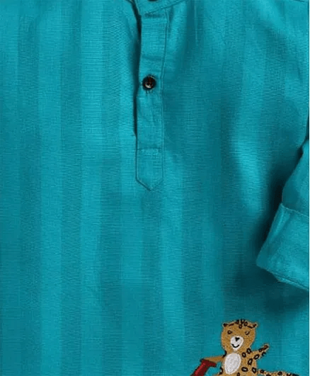 Polka Tots Tiger Embroidered Full Sleeves Kurta - Aqua