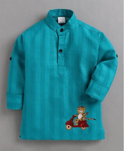 Polka Tots Tiger Embroidered Full Sleeves Kurta - Aqua