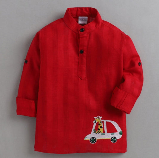 Polka Tots Giraffe Embroidered Full Sleeves Kurta - Red