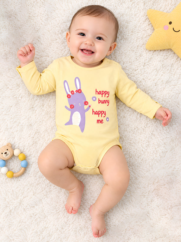 Polka Tots Full Sleeves Happy Bunny Printed Onesie - Yellow