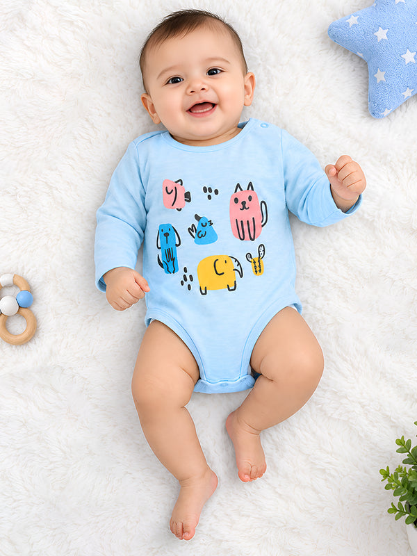 Polka Tots Full Sleeve Romper onesie Animal print - Blue