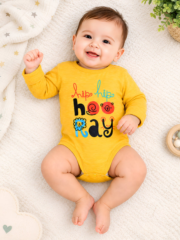 Polka Tots Full Sleeve Romper Onesie with Folded Mittens 100% Super Soft Cotton Hip Hip Hooray Yellow